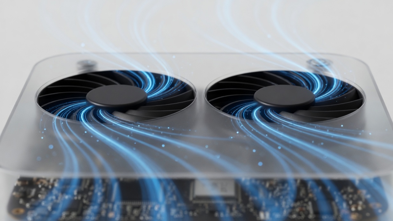 Cool intake streamlines feeding the dual fans