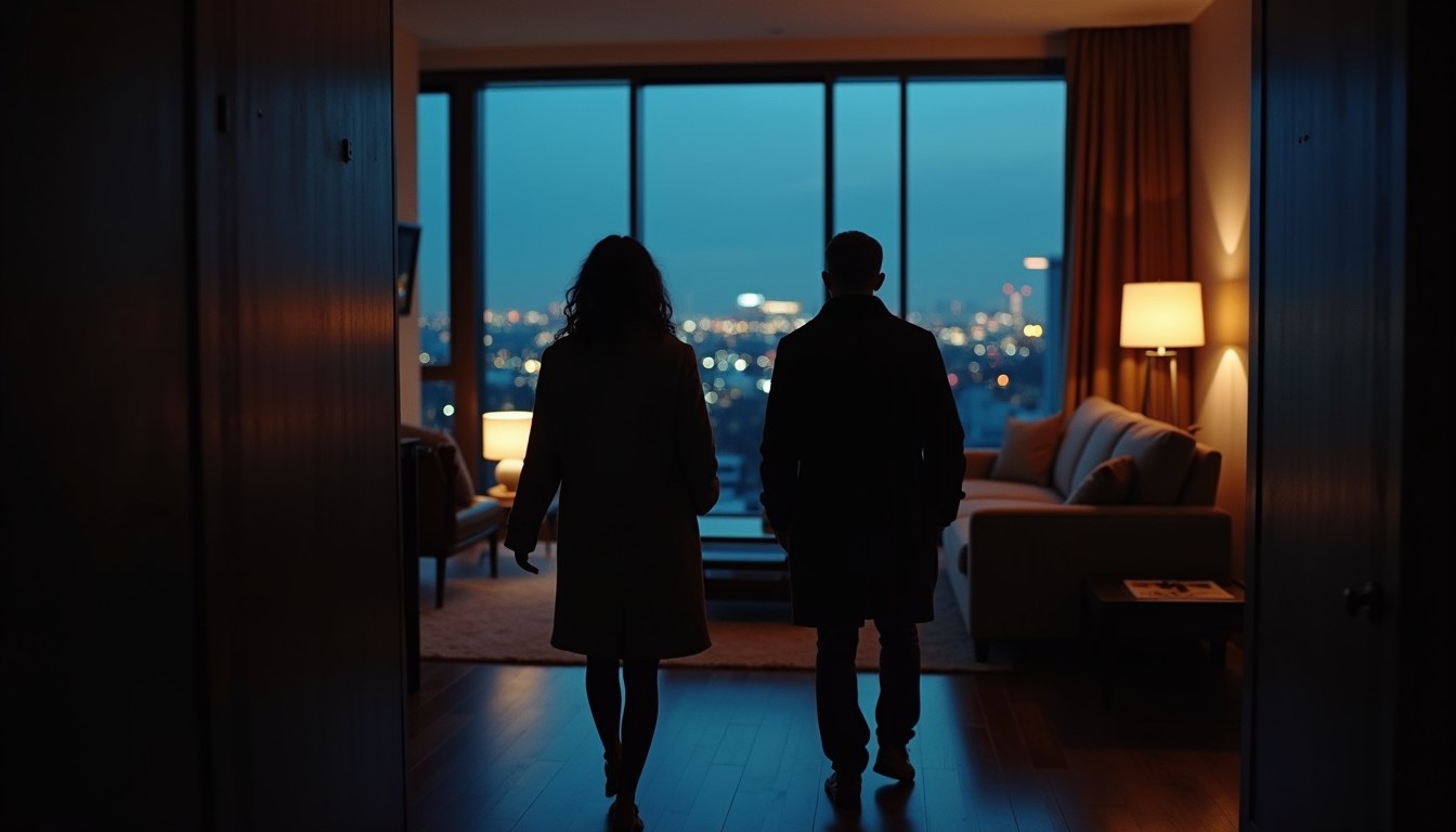 Two people stepping into a warmly lit living room at dusk, city lights beyond the glass